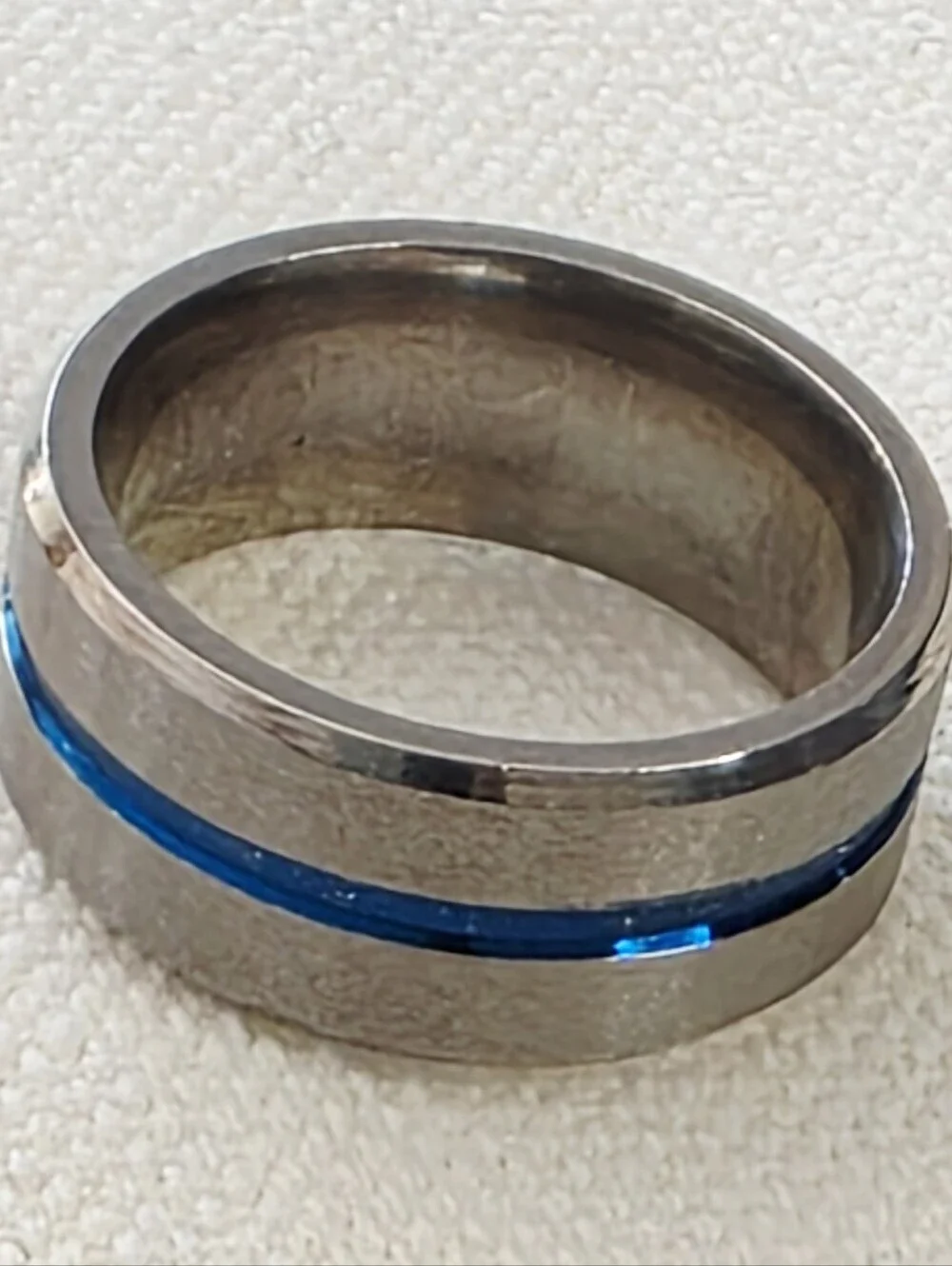 Brushed Blue Inlay Band Ring Modern Unisex Comfort Fit Size 5.5